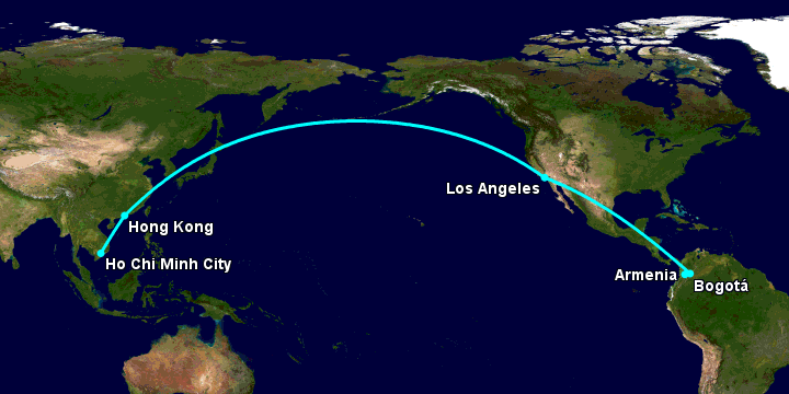 Bay từ Sài Gòn đến Armenia qua Hong Kong, Los Angeles, Bogotá