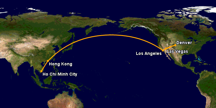 Bay từ Sài Gòn đến Las Vegas qua Hong Kong, Los Angeles, Denver