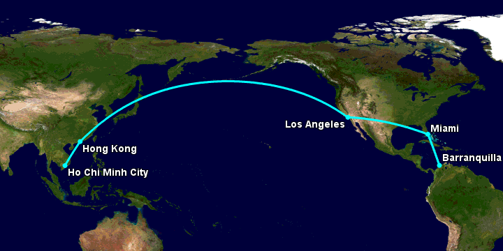 Bay từ Sài Gòn đến Barranquilla qua Hong Kong, Los Angeles, Miami