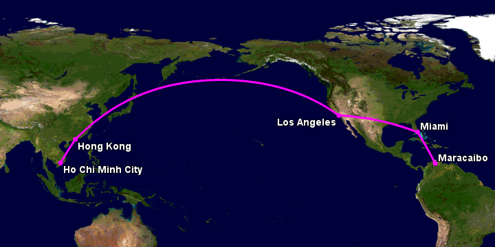 Bay từ Sài Gòn đến Maracaibo qua Hong Kong, Los Angeles, Miami
