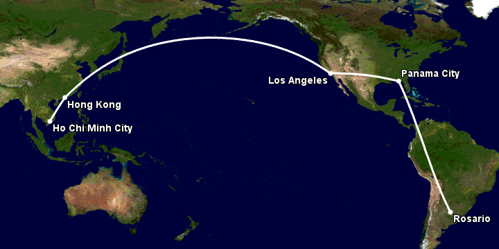 Bay từ Sài Gòn đến Rosario qua Hong Kong, Los Angeles, Panama City