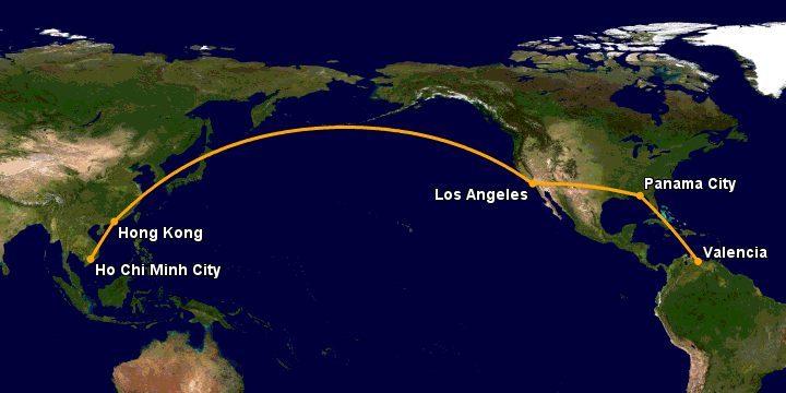 Bay từ Sài Gòn đến Valencia Arturo qua Hong Kong, Los Angeles, Panama City