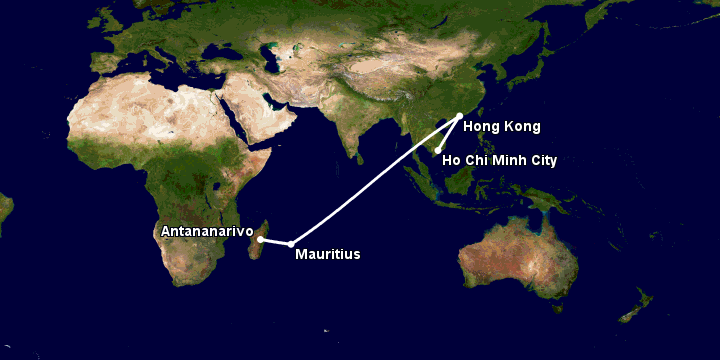 Bay từ Sài Gòn đến Antananarivo qua Hong Kong, Mauritius Island