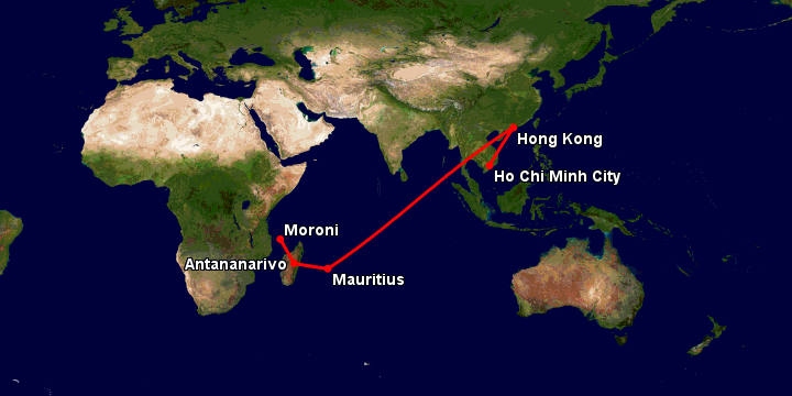 Bay từ Sài Gòn đến Moroni Hahaya qua Hong Kong, Mauritius Island, Antananarivo