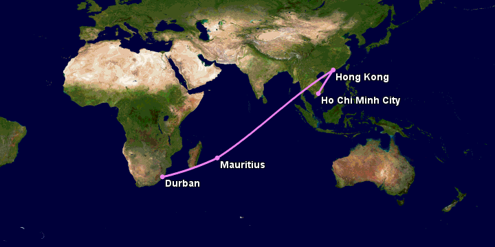 Bay từ Sài Gòn đến Durban qua Hong Kong, Mauritius Island