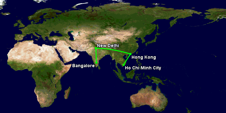 Bay từ Sài Gòn đến Bangalore qua Hong Kong, New Delhi
