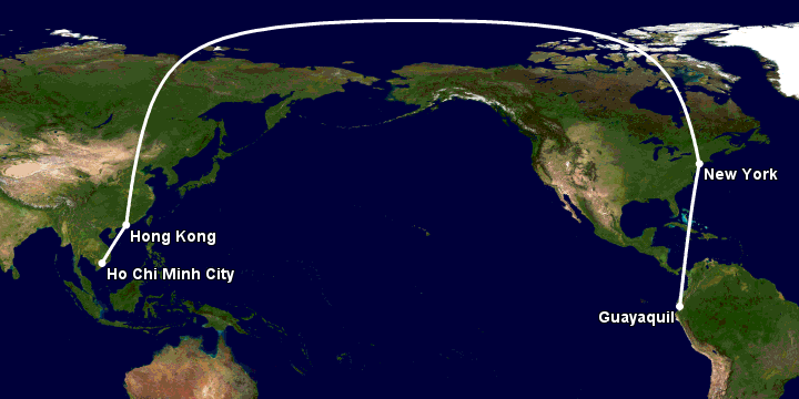 Bay từ Sài Gòn đến Guayaquil qua Hong Kong, New York