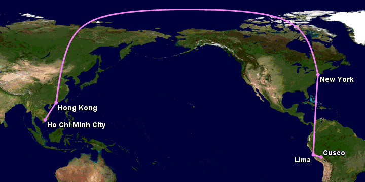 Bay từ Sài Gòn đến Cuzco qua Hong Kong, New York, Lima