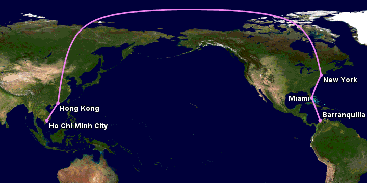 Bay từ Sài Gòn đến Barranquilla qua Hong Kong, New York, Miami