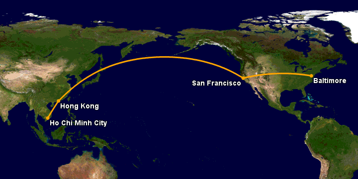 Bay từ Sài Gòn đến Baltimore qua Hong Kong, San Francisco