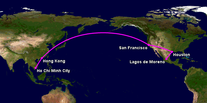 Bay từ Sài Gòn đến Lagos De Moreno qua Hong Kong, San Francisco, Houston