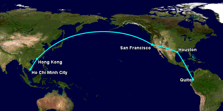 Bay từ Sài Gòn đến Quito qua Hong Kong, San Francisco, Houston