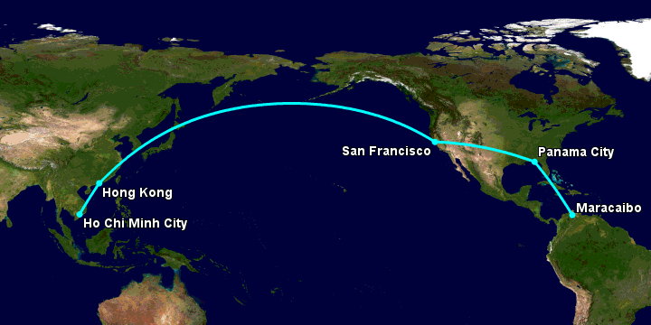 Bay từ Sài Gòn đến Maracaibo qua Hong Kong, San Francisco, Panama City