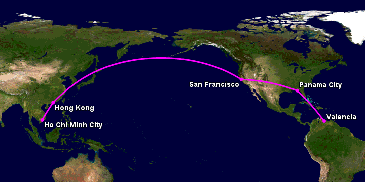 Bay từ Sài Gòn đến Valencia Arturo qua Hong Kong, San Francisco, Panama City