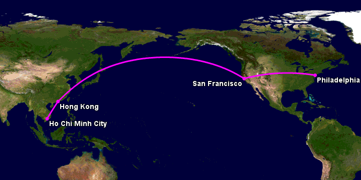 Bay từ Sài Gòn đến Philadelphia qua Hong Kong, San Francisco