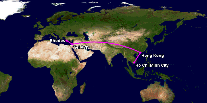 Bay từ Sài Gòn đến Rhodes qua Hong Kong, Tel Aviv