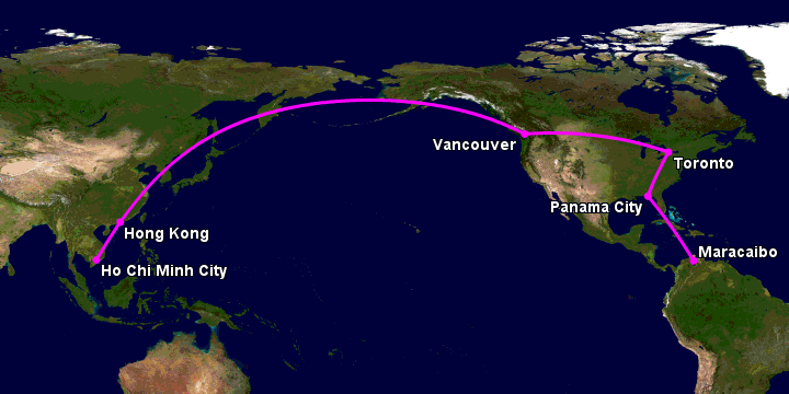 Bay từ Sài Gòn đến Maracaibo qua Hong Kong, Vancouver, Toronto, Panama City