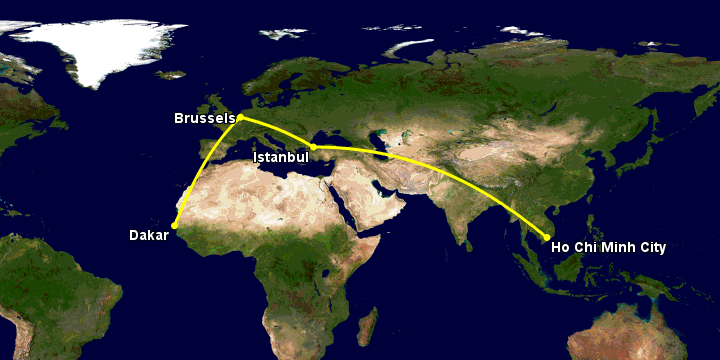 Bay từ Sài Gòn đến Dakar qua Istanbul, Brussels