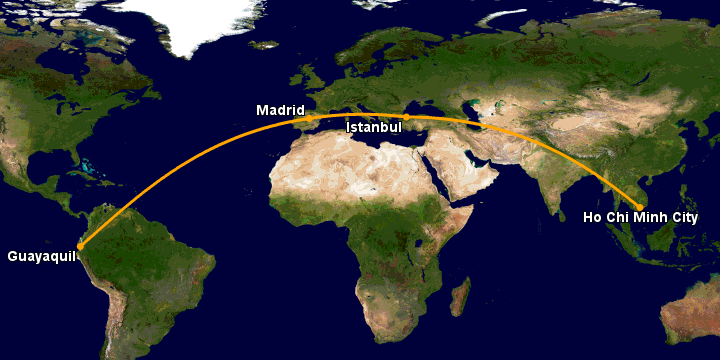 Bay từ Sài Gòn đến Guayaquil qua Istanbul, Madrid