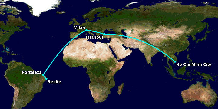 Bay từ Sài Gòn đến Recife qua Istanbul, Milan, Fortaleza