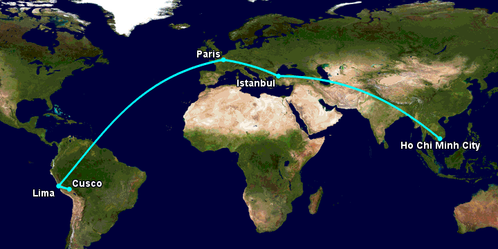 Bay từ Sài Gòn đến Cuzco qua Istanbul, Paris, Lima