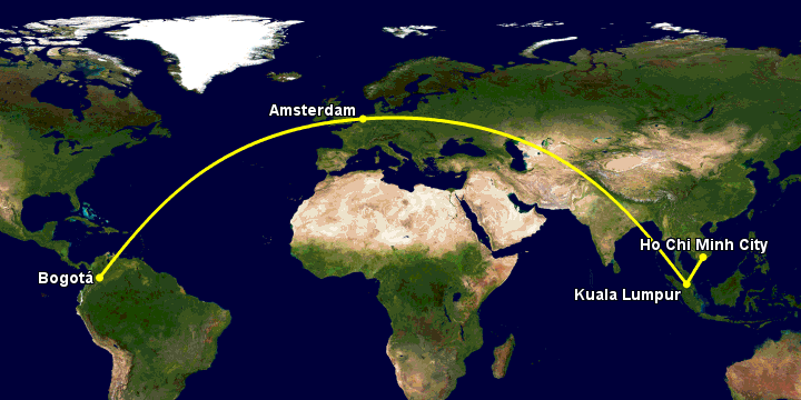 Bay từ Sài Gòn đến Bogota qua Kuala Lumpur, Amsterdam