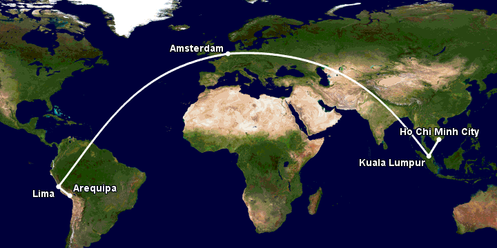 Bay từ Sài Gòn đến Arequipa qua Kuala Lumpur, Amsterdam, Lima