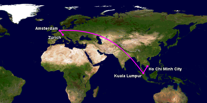 Bay từ Sài Gòn đến Zurich qua Kuala Lumpur, Amsterdam