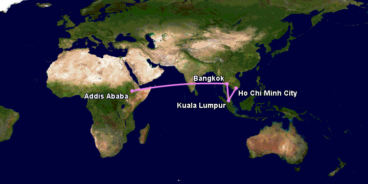 Bay từ Sài Gòn đến Addis Ababa qua Kuala Lumpur, Bangkok