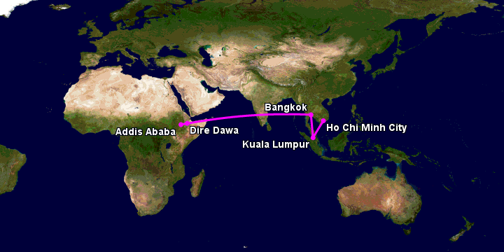 Bay từ Sài Gòn đến Dire Dawa qua Kuala Lumpur, Bangkok, Addis Ababa