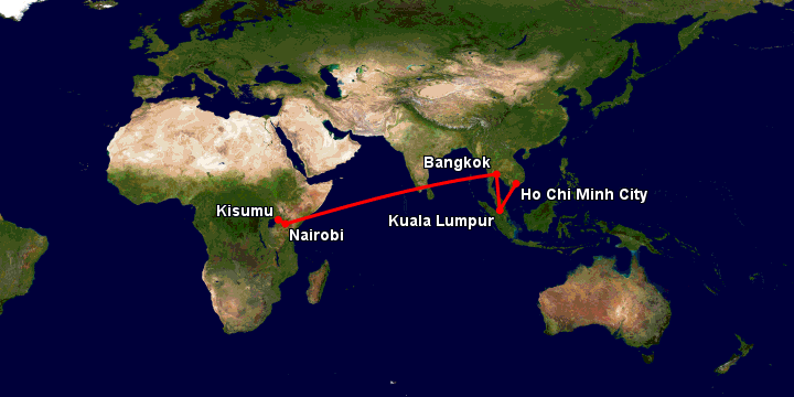 Bay từ Sài Gòn đến Kisumu qua Kuala Lumpur, Bangkok, Nairobi