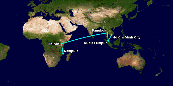 Bay từ Sài Gòn đến Nampula qua Kuala Lumpur, Bangkok, Nairobi