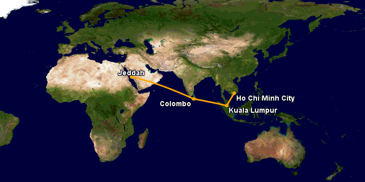 Bay từ Sài Gòn đến Jeddah qua Kuala Lumpur, Colombo