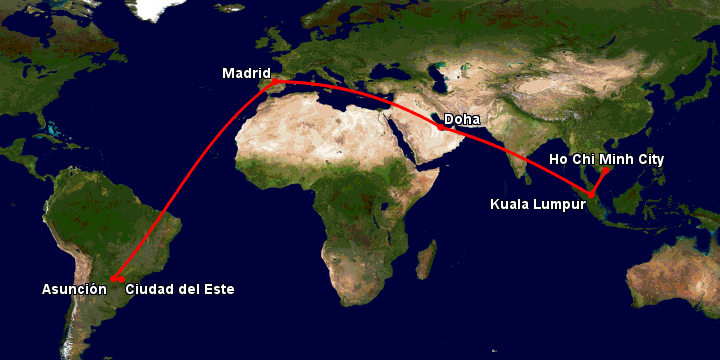Bay từ Sài Gòn đến Ciudad Del Este qua Kuala Lumpur, Doha, Madrid, Asunción