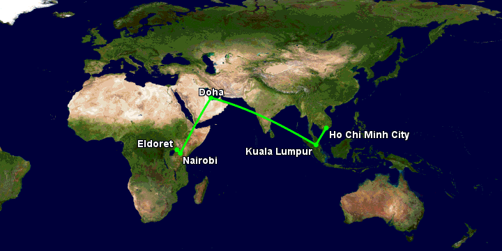 Bay từ Sài Gòn đến Eldoret qua Kuala Lumpur, Doha, Nairobi