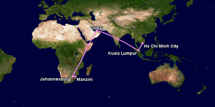 Bay từ Sài Gòn đến Manzini qua Kuala Lumpur, Dubai, Johannesburg