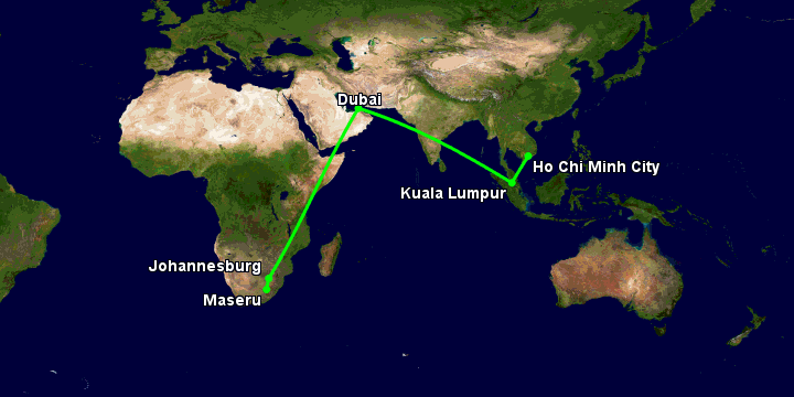 Bay từ Sài Gòn đến Maseru qua Kuala Lumpur, Dubai, Johannesburg