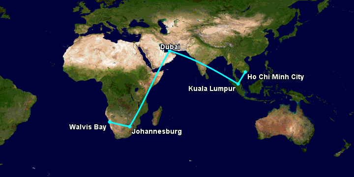 Bay từ Sài Gòn đến Walvis Bay qua Kuala Lumpur, Dubai, Johannesburg