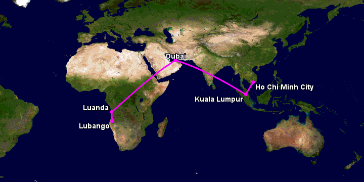 Bay từ Sài Gòn đến Lubango qua Kuala Lumpur, Dubai, Luanda
