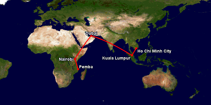 Bay từ Sài Gòn đến Pemba qua Kuala Lumpur, Dubai, Nairobi