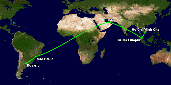 Bay từ Sài Gòn đến Rosario qua Kuala Lumpur, Dubai, Sao Paulo