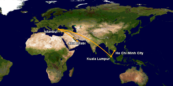 Bay từ Sài Gòn đến Abu Dhabi qua Kuala Lumpur, Istanbul