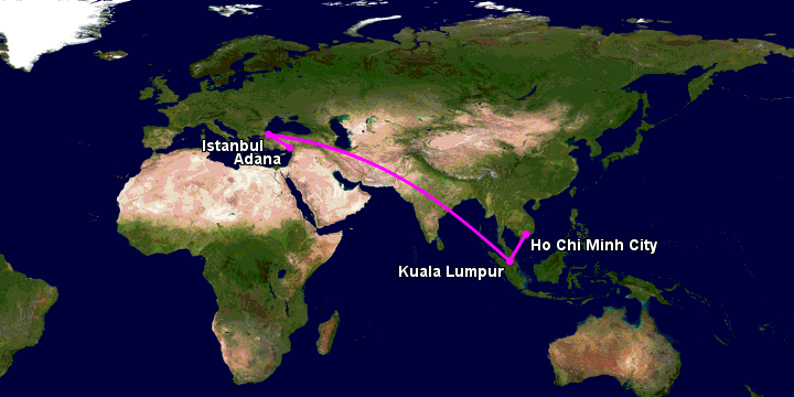 Bay từ Sài Gòn đến Adana qua Kuala Lumpur, Istanbul