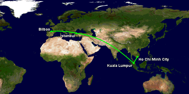 Bay từ Sài Gòn đến Bilbao qua Kuala Lumpur, Istanbul