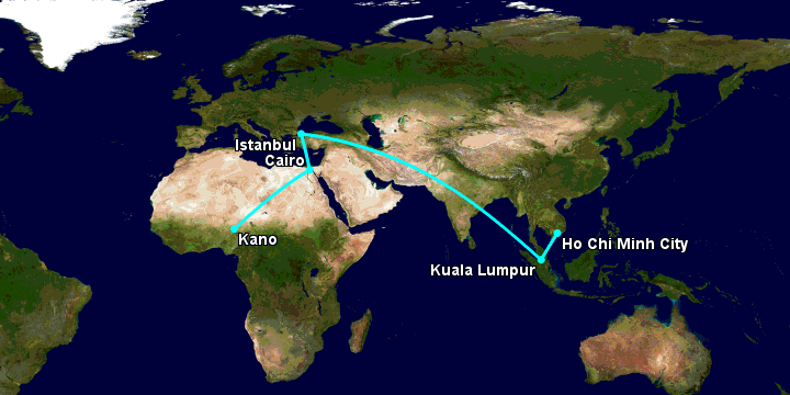Bay từ Sài Gòn đến Kano qua Kuala Lumpur, Istanbul, Cairo