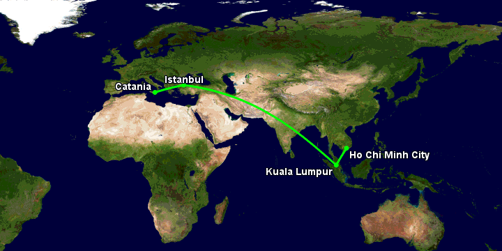 Bay từ Sài Gòn đến Catania qua Kuala Lumpur, Istanbul