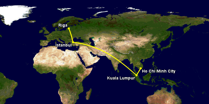 Bay từ Sài Gòn đến Riga qua Kuala Lumpur, Istanbul