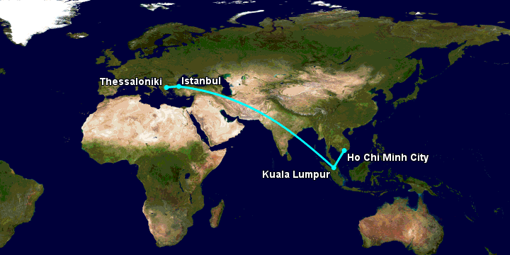 Bay từ Sài Gòn đến Thessaloniki qua Kuala Lumpur, Istanbul