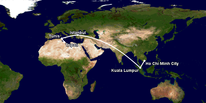 Bay từ Sài Gòn đến Tripoli qua Kuala Lumpur, Istanbul, Tunis