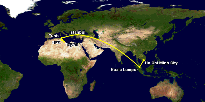 Bay từ Sài Gòn đến Sfax qua Kuala Lumpur, Istanbul, Tunis, Tripoli